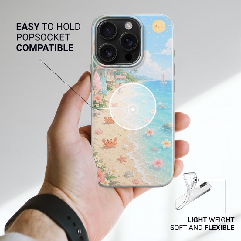 K&ouml;nnte beinhalten: Eine transparente Handyh&uuml;lle mit einem Strandmotiv, Krabben, Blumen und einer l&auml;chelnden Sonne. Die H&uuml;lle hat einen kreisf&ouml;rmigen Magnetring, ist als leicht zu halten und PopSocket-kompatibel gekennzeichnet sowie leicht, weich und flexibel.