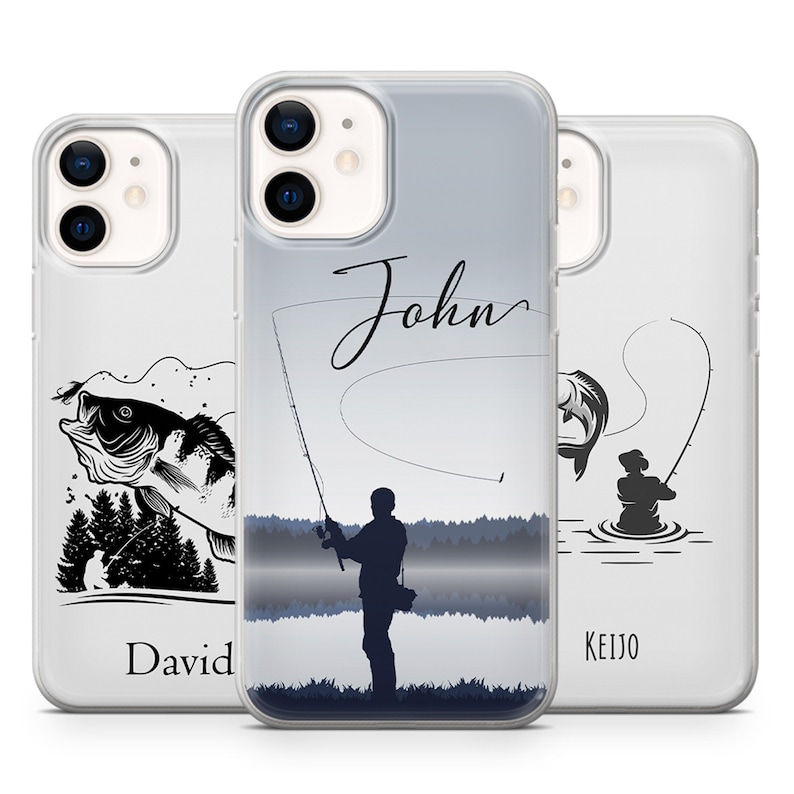 personalized phone case made from premiere-quality material, print black & white fishing man image, your chosen name