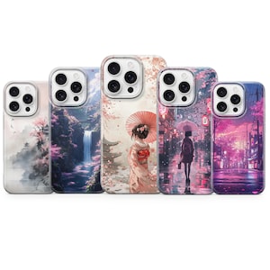 Japans esthetische telefoonhoesje Sakura Anime City Art Cover voor iPhone 16e 15 Pro max 14 13 12 XR, Samsung S25 S24Fe S23 A16 A36 A56, pixel 10