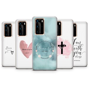 May include: Set of four phone cases with different Christian-themed designs. The designs include a heart with the text "Remain in my love", a cross with a heart, a wreath with the text "Beauty from ashes", and the text "I am with you always".