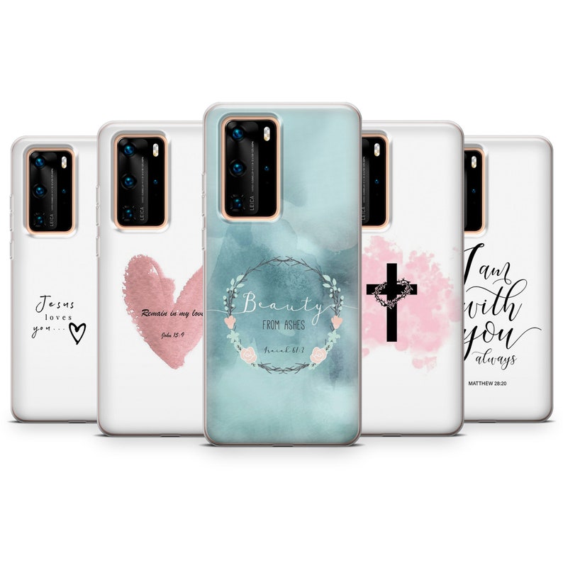 May include: Set of four phone cases with different Christian-themed designs. The designs include a heart with the text "Remain in my love", a cross with a heart, a wreath with the text "Beauty from ashes", and the text "I am with you always".