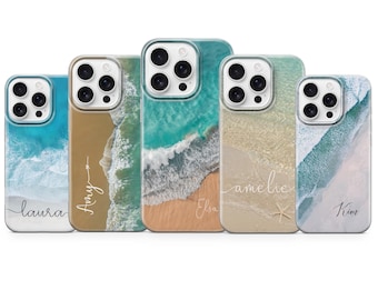 Funda personalizada con nombre y diseño de olas de playa para iPhone 16 Pro Max, 15, 14 Plus, 13, 12 XR, Samsung S25, S24 Fe, S23, A55, A36, A56 y Pixel 10