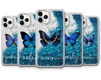 Personalized Blue Butterfly Phone Case Liquid Shiny Glitter Cover for iPhone 14, 13, 12, 11 Pro max, 7, 8 plus, 6, 6s, SE 2020, X, Xs