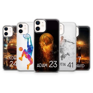 Custodia per telefono personalizzata con motivo a basket, nome e numero, regalo sportivo per iPhone 16, 15, 14, 13, 12, 11, XR, 7, 8, Samsung S25, S24, A16, A56, Pixel