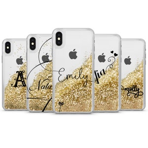 Custodia per telefono con glitter liquido oro scintillante con nome personalizzato, sfondo trasparente per iPhone 15+, 14 Pro max, 13, 12, 11, XR, X, Xs, XS max, 7, 8