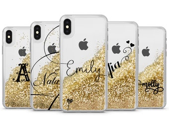 Personalized Sparkling Gold Liquid Glitter Phone Case, Clear Background for iPhone 15 plus, 14 Pro max, 13, 12, 11, XR, X, Xs, XS max, 7, 8