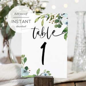 Números de mesa de batismo, modelo para impressão de número de mesa, sinal editável, decorações de batismo de menino, cartões de número de mesa DIY, cruz e vegetação 001