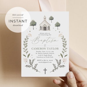 Invitación de bautismo Género neutro, Invitación imprimible, Plantilla de invitaciones, Invitaciones de bricolaje Dedicatoria de bautizo, Iglesia de bautismo y vegetación 008