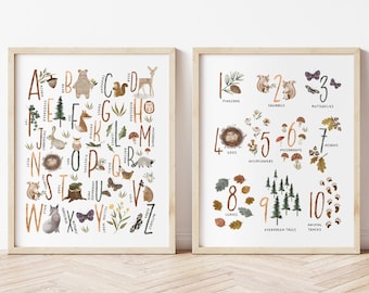 May include: Two framed prints with a white background. The left print features the alphabet with illustrations of woodland animals and plants. The right print features numbers 1-10 with illustrations of woodland animals and plants. The text on the prints reads: ABCD, GHO, KMI, WV, W, PINECONE, 5991, 5-0-, WILDFLOWERS, BUTTLATUAS, 8-910, SLAVES, EVERGREEN TREES, TRACKS, ACMNS.