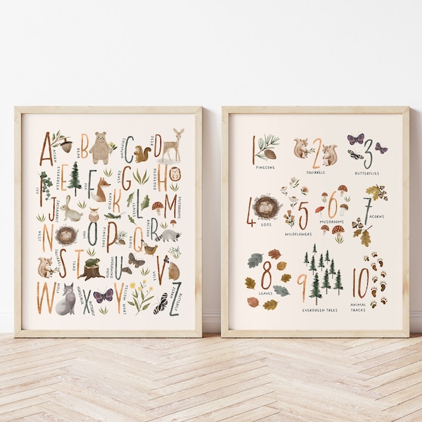 Woodland Alphabet Poster, Woodland Alphabet Print, Woodland Nursery, Woodland Number Print, Woodland Art Print, Woodland ABCs and Numbers