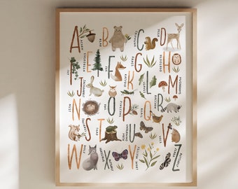 Woodland Alphabet Poster, Woodland Alphabet Print, Woodland Nursery, Woodland Number Print, Woodland Art, Woodland ABCs INSTANT DOWNLOAD