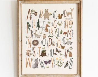Woodland Alphabet Poster, Woodland Alphabet Print, Woodland Nursery, Woodland Number Print, Woodland Art,  Woodland ABCs INSTANT DOWNLOAD