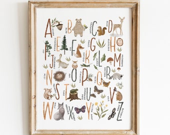 Woodland Alphabet Poster, Woodland Alphabet Print, Woodland Nursery, Woodland Number Print, Woodland Art, Woodland ABCs INSTANT DOWNLOAD