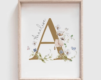 Impression initiale de fleurs sauvages personnalisées, prénom personnalisable, décoration florale pour chambre d'enfant, décoration murale fleurs imprimables