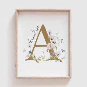 Flores silvestres personalizadas Impresión inicial niñas, Personalizable Nombre de niña, Decoración floral de guardería Guardería de niñas, Arte mural Flores IMPRIMIBLE