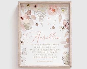 Baptism Gift Girl, Personalized PRINTABLE, Baby Girl Gift, Boho Nursery Wall Art, Godchild Baptism Sign Dedication, Nursery Decor, PRINTABLE