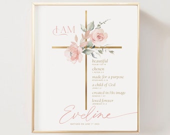 Puede incluir: Una impresión de arte imprimible con una cruz dorada y un diseño floral rosa. El texto dice "YO SOY" en la parte superior e incluye versículos bíblicos sobre ser hermoso, elegido, hecho para un propósito, un hijo de Dios, creado a su imagen y amado para siempre. El nombre "Eveline" está escrito en cursiva rosa en la parte inferior con la fecha "BAUTIZADO EL 1 DE JUNIO DE 2023".