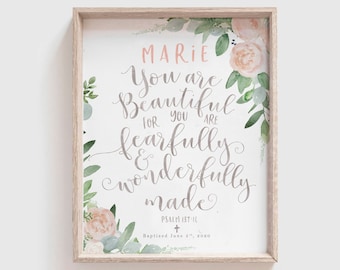 Puede incluir: Una impresión enmarcada con un diseño floral de acuarela y el texto "MARIE You are Beautiful FOR YOU ARE fearfully wonderfully made. PSALM 137:16 + Baptized June 5, 2020"