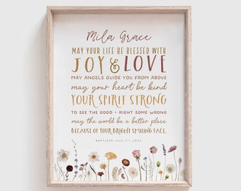 May include: A printable art print with a white background and a brown wood frame. The print features a floral design with a quote that reads "Mila Grace May your life be blessed with Joy & Love May angels guide you from above may your heart be kind Your spirit strong To see the good - right some wrong may the world be a better place because of your bright smiling face. Baptized July 1st, 2023"