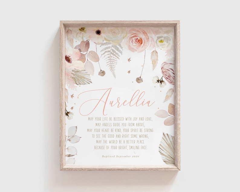 Baptism Gift Girl, Personalized PRINTABLE, Baby Girl Gift, Boho Nursery Wall Art, Godchild Baptism Sign Dedication, Nursery Decor, PRINTABLE image 1