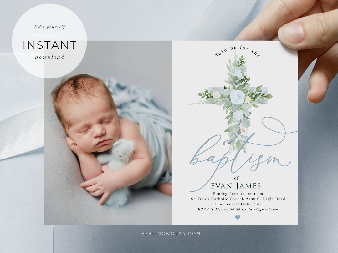 Baptism Invitation Boy, Printable Invite, Baby Boy Invitations Template ...