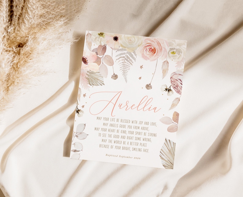 Baptism Gift Girl, Personalized PRINTABLE, Baby Girl Gift, Boho Nursery Wall Art, Godchild Baptism Sign Dedication, Nursery Decor, PRINTABLE image 3