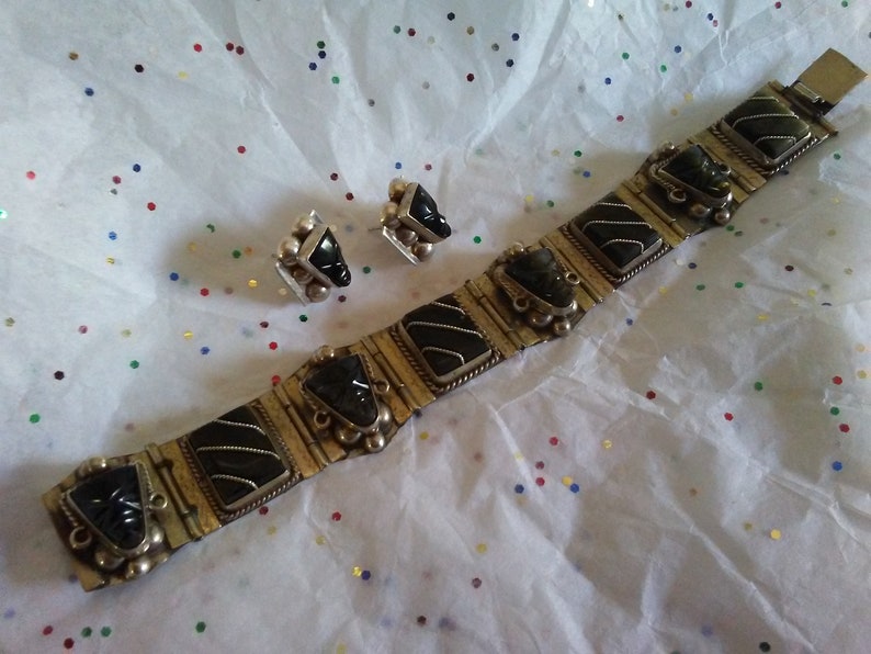 Vintage TAXCO obsidianonyx BRACELET earring ensemble SILVER