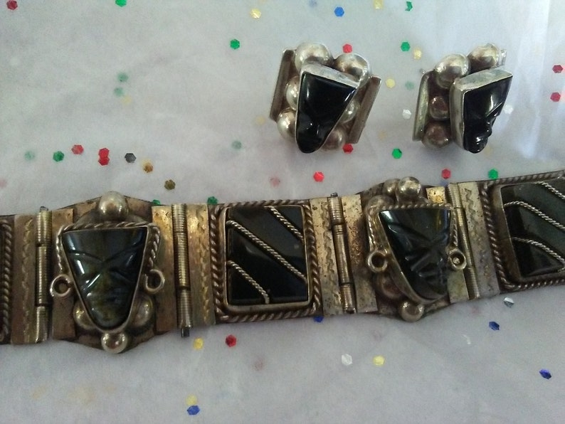 Vintage TAXCO obsidianonyx BRACELET earring ensemble SILVER