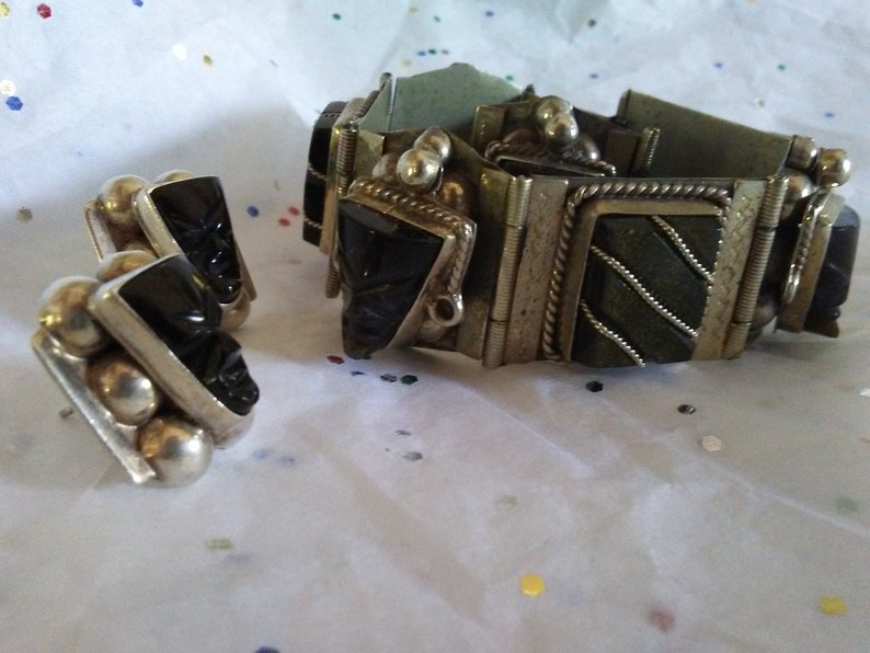 Vintage TAXCO obsidianonyx BRACELET earring ensemble SILVER