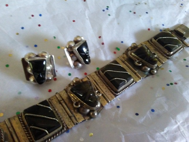 Vintage TAXCO obsidianonyx BRACELET earring ensemble SILVER