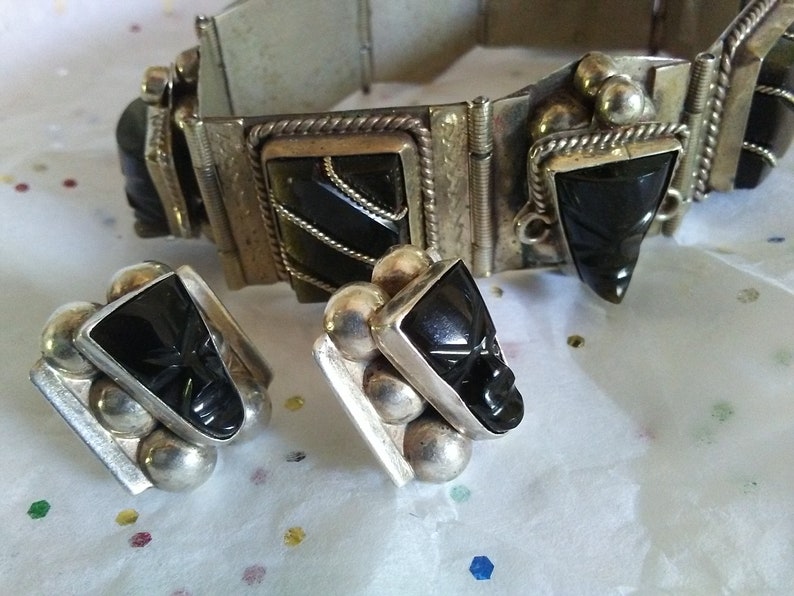 Vintage TAXCO obsidianonyx BRACELET earring ensemble SILVER