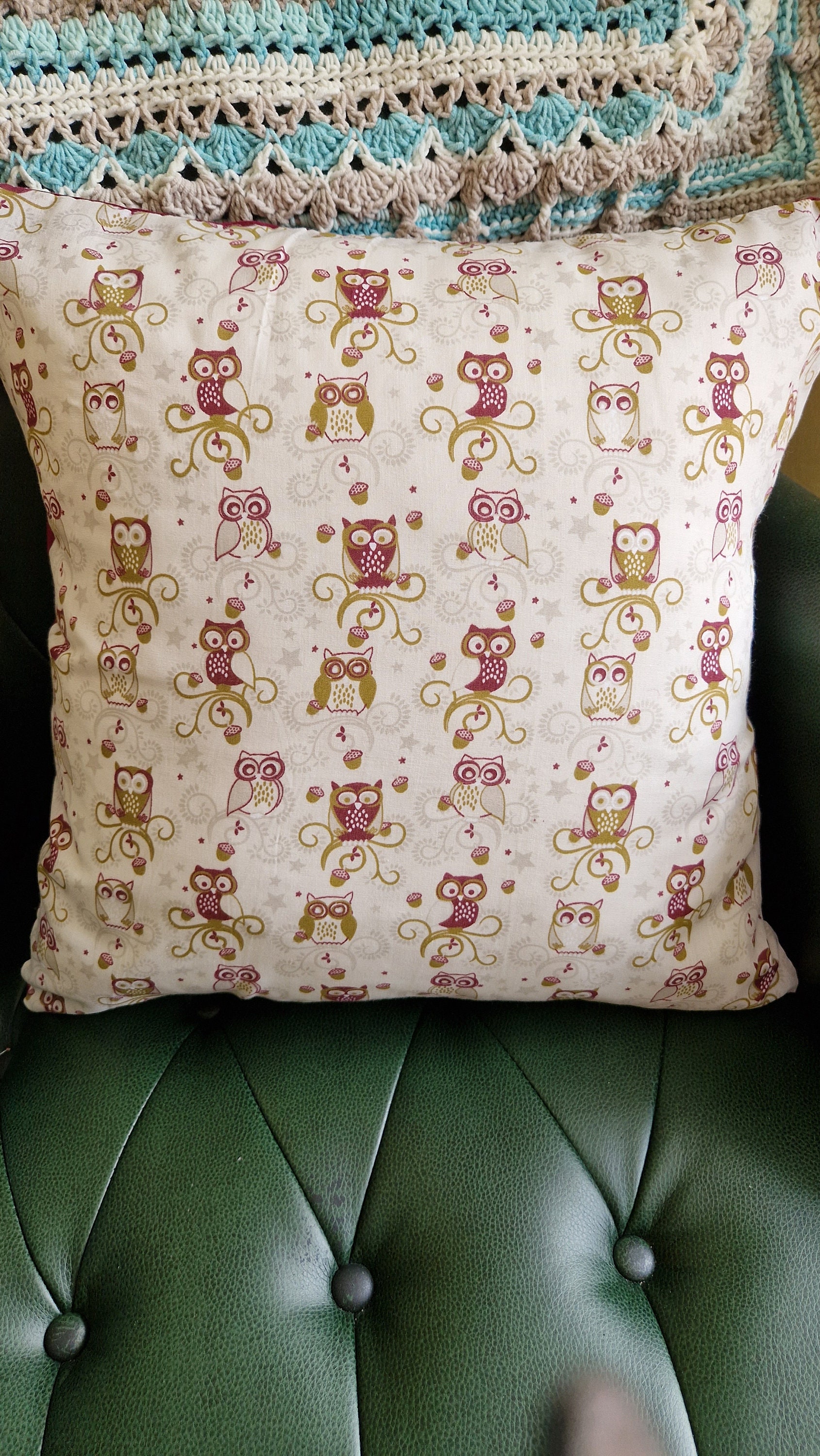 Burgandy & Cream Owl Cushion