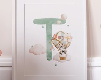 Initial baby poster to print. Downloadable hot air balloon poster. Displays alphabet.