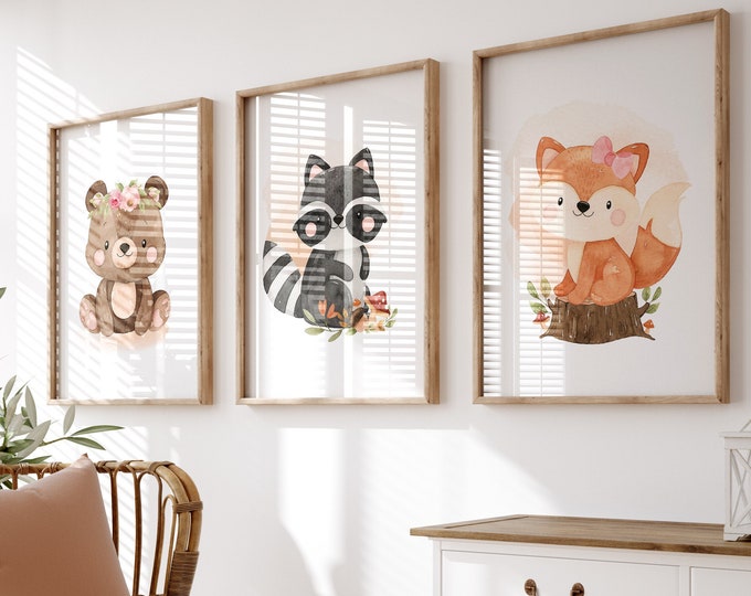 Lot de 3 affiches imprimable. Renard, raton laveur, ours. Set of 3 printable kids posters raccoon, fox, bear
