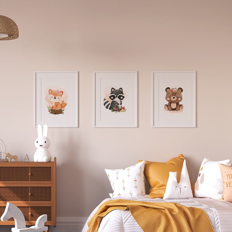 Set of 3 Printable Kids Posters: Raccoon, Fox, and Bear. - Etsy