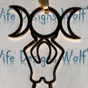Gold colored metal goddess symbol with triple moon above her. Goddess pendant with goddess triple sect chain gold also NOT REAL GOLD