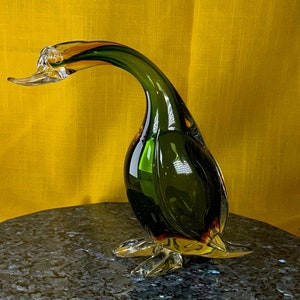 Murano made in Italy hand blown glass duck green with orange or brown hue vintage murano hand blown glass sculpture