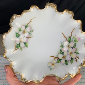 Vintage Norcres china ruffled fine porcelain candy dish labeled Dogwood, NW – DW – 51
