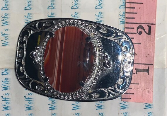 Red lined agate in a rectangular metal silver col… - image 9