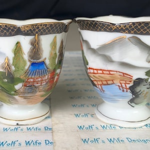 Espresso size cups set of 3 hand painted in Japan gold trim