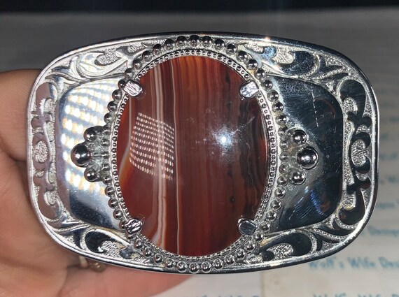 Red lined agate in a rectangular metal silver col… - image 2