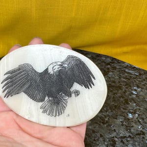May include: A white oval-shaped coaster with a black and white image of a bald eagle with its wings spread.