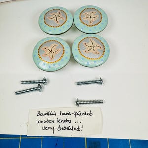 Beautiful hand painted wooden drawer knobs or drawer poles very detailed sea shell motif 1 1/4 inch long screws