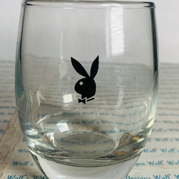 Vintage 1960’s playboy lowball drink glasses whiskey or bourbon glass clear 8oz fine glass with black playboy bunny logo on each glass