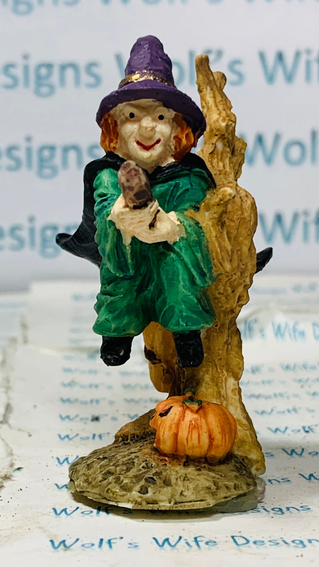 Witch on Broom With Bat for a Miniature Halloween Town for Etsy