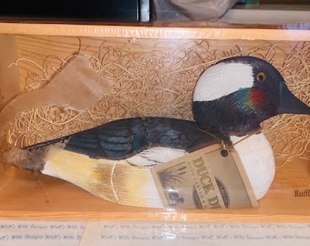 Solid wood handcrafted wood duck decoy by northwest inc in box never open vintage Duck decoys bufflehead duck decoy