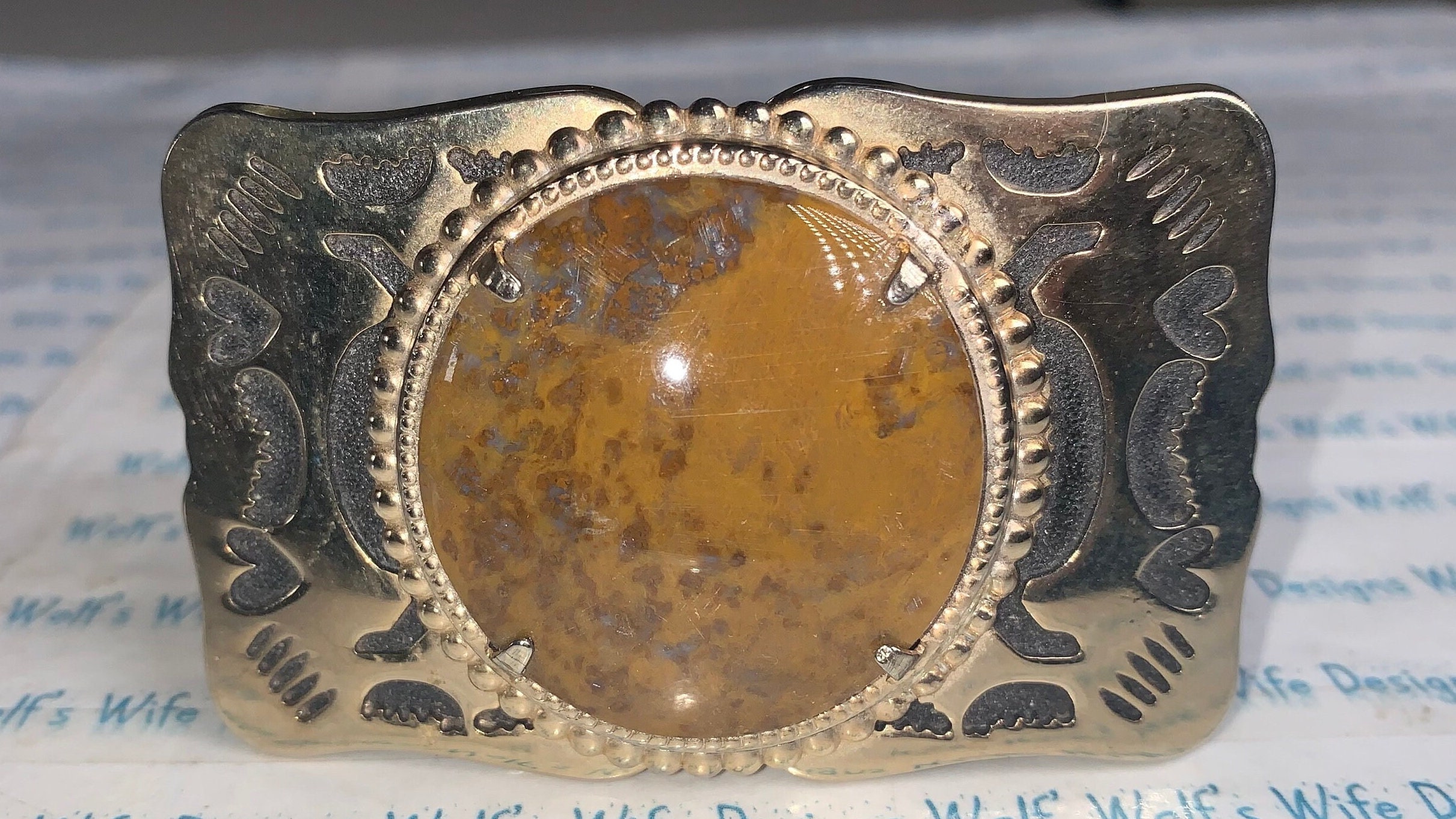 Vintage Western Tooled Belt & Gold Tone Belt Buckle Blue Lace Agate Centerpiece Tooled Leather Western Belt, Big Agate Stone Buckle, Horse  main image 3