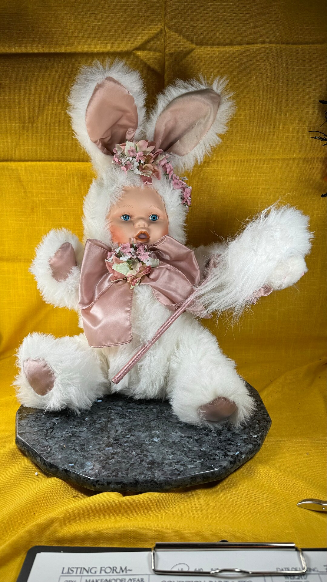 Anthropomorphic Bunny With Bear on a Stick Has Porcelain Face