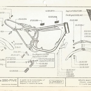 Puede incluir: Un dibujo en blanco y negro de un chasis de motocicleta con varias piezas etiquetadas con números y descripciones. El dibujo incluye el texto "Cappra 250-FIVE" y "43M0001".