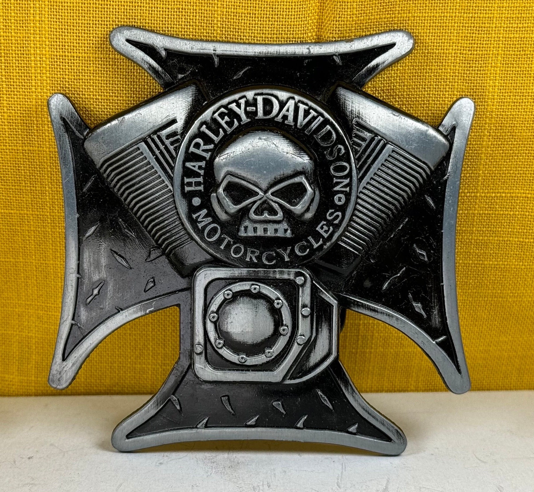 Harley Davidson Motorcycles Iron Cross Skull and Motor Black and Silver Colored Belt Buckle Used a Worn Etsy
